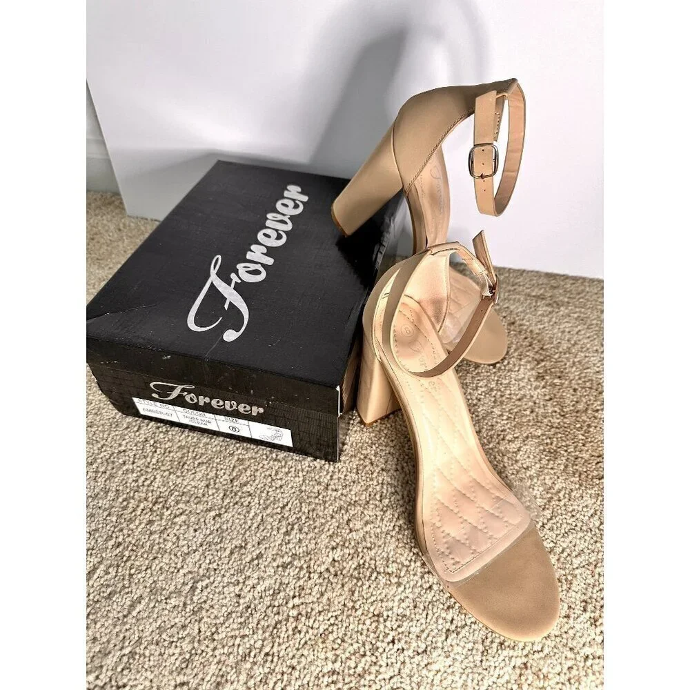 Forever Amber-07 Women’s‎ Block High Heels Dress Sandals Taupe Nub/Clear Size 8